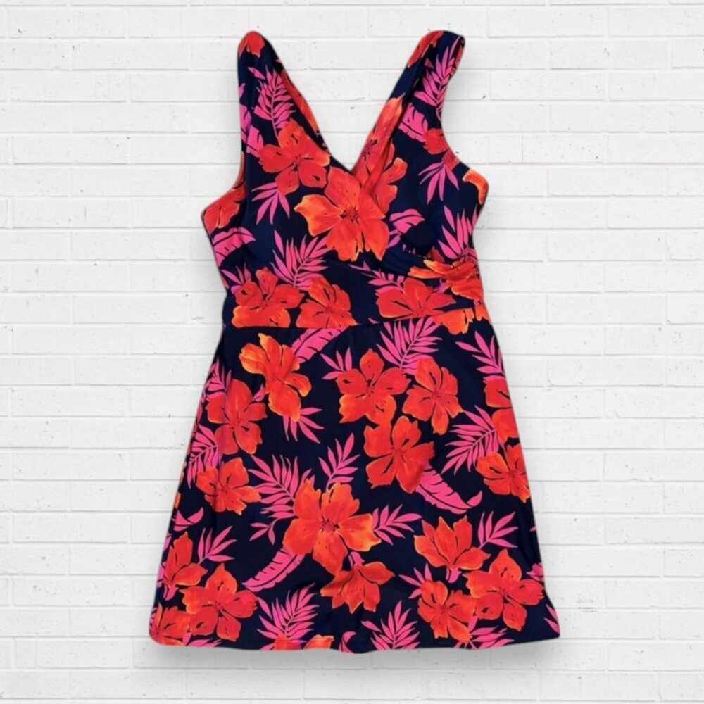 New LANDS END Hawaiian Floral Pink Orange Navy Print Swim Dress 10 DD 10DD
